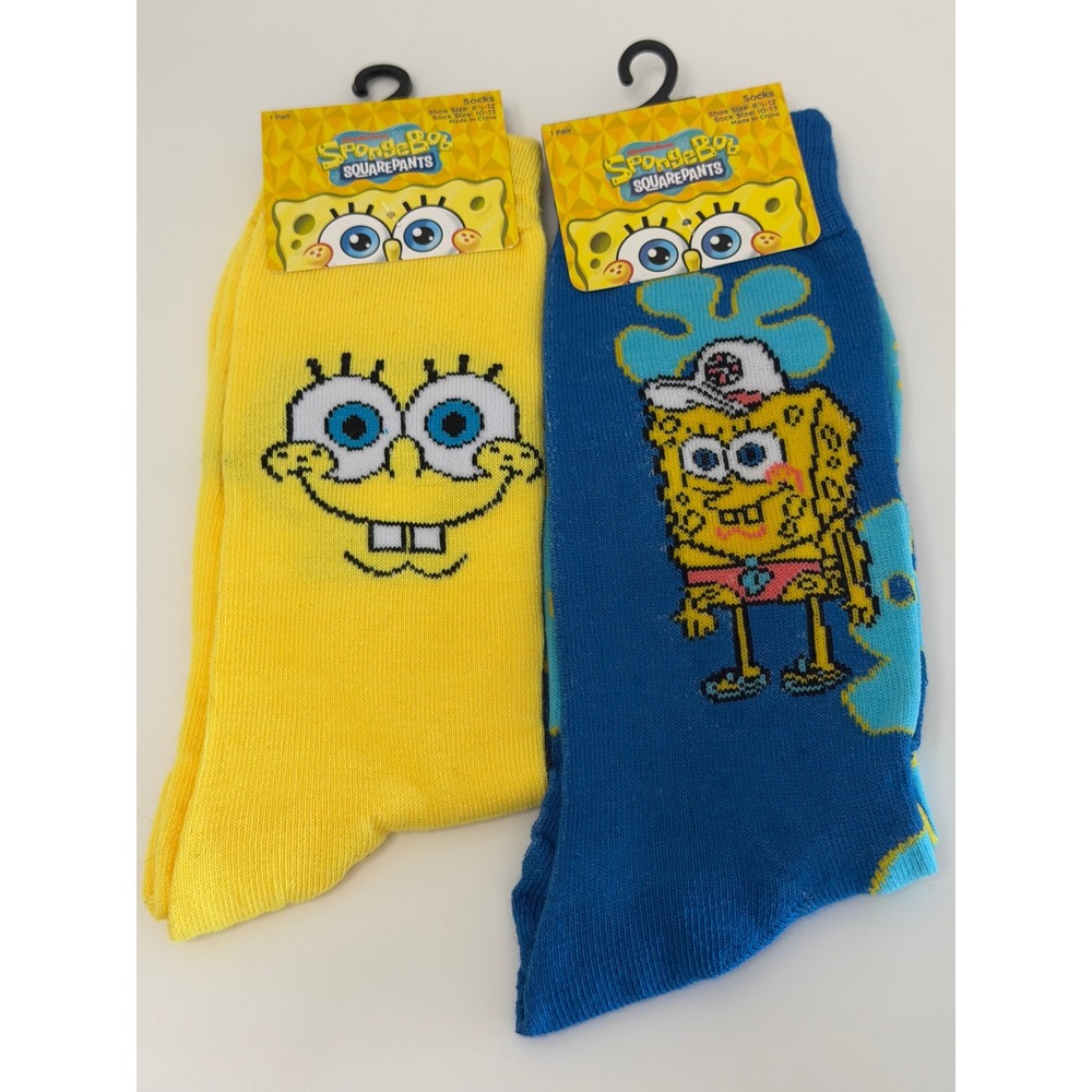 SpongeBob SquarePants Mens Crew Socks 2 Pair Set Yellow Blue Nickelodeon NWT